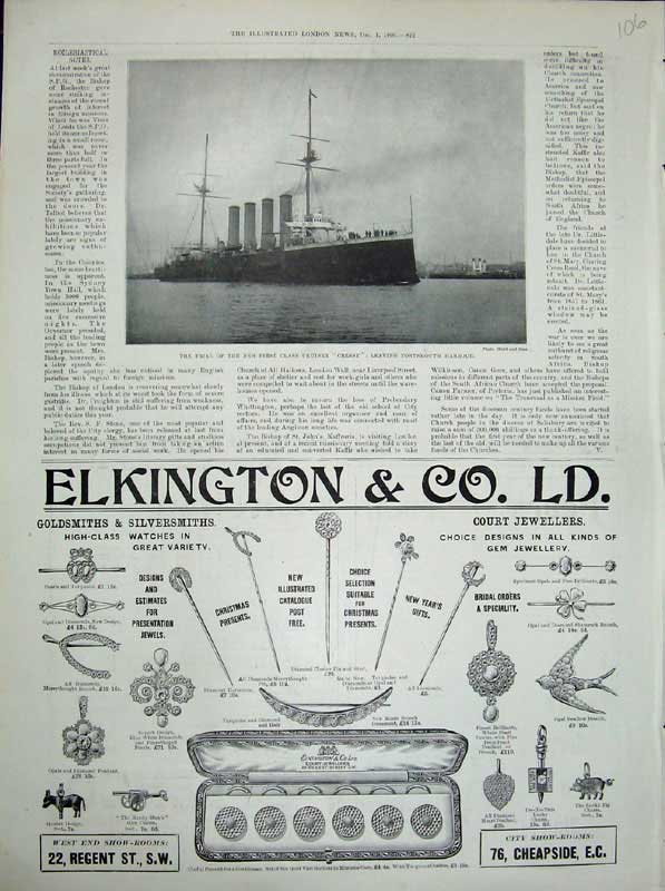 Old Antique Print 1900 Cruiser Ship Cressy Liverpool Elkington Jewellers 20th