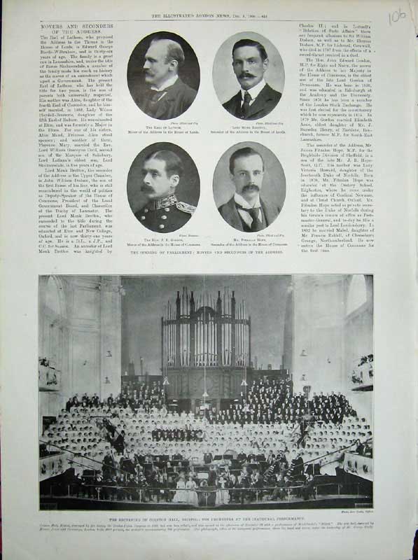 Old Antique Print 1900 Colston Hall Bristol Orchestra Parliament Commons 20th