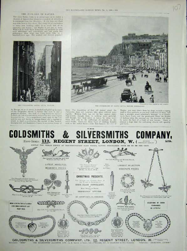 Old Antique Print 1900 Naples Pollonetto Promenade Lucia Jewellers London 20th