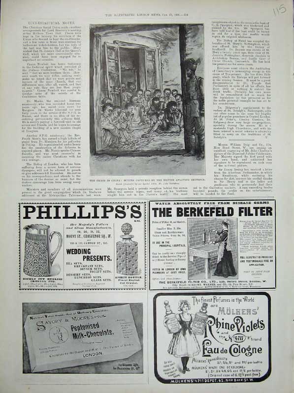Old Antique Print 1900 China Boxers Advert Berkefield Potters Chocolate 20th