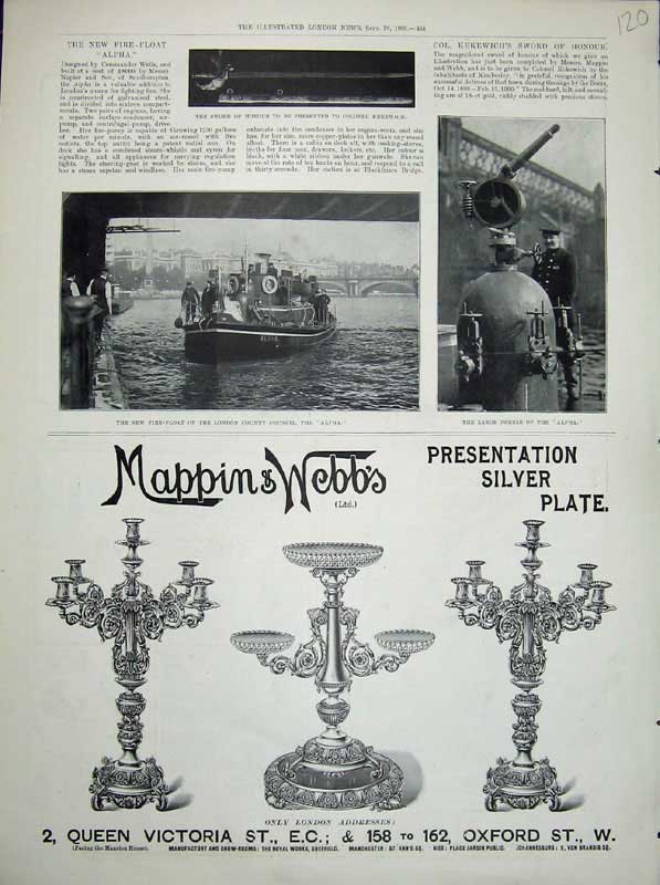 Old Antique Print 1900 Mappin Webb Silver Alpha Fire-Float Baot Kekewich 20th