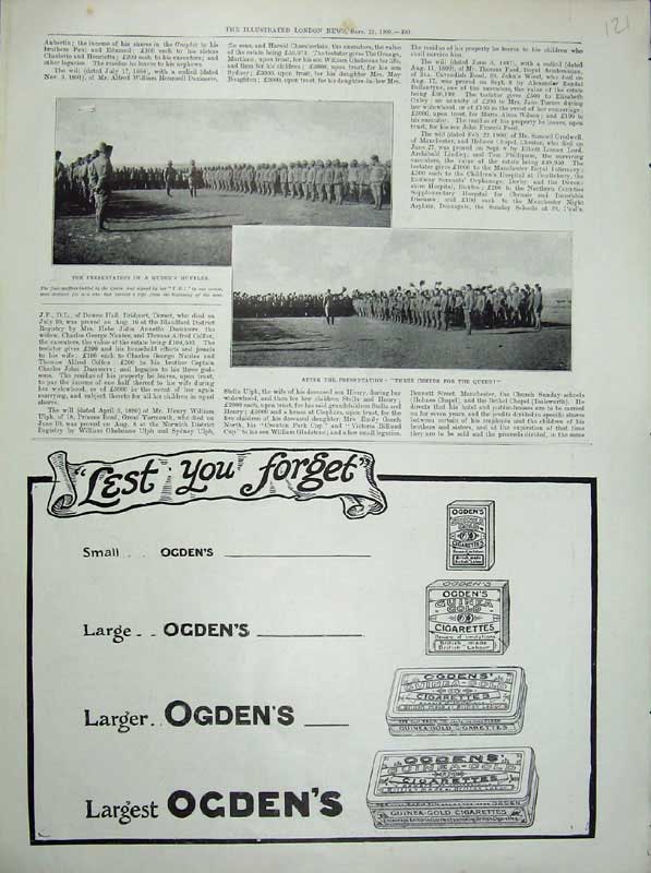 Original Old Antique Print 1900 Ogden'S Cigarettes Queen'S Muffler War Army Men