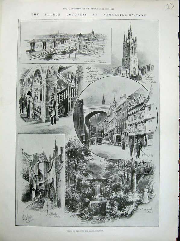 Old Antique Print 1900 Church Newcastle-On-Tyne Durham College Cathedral 20th