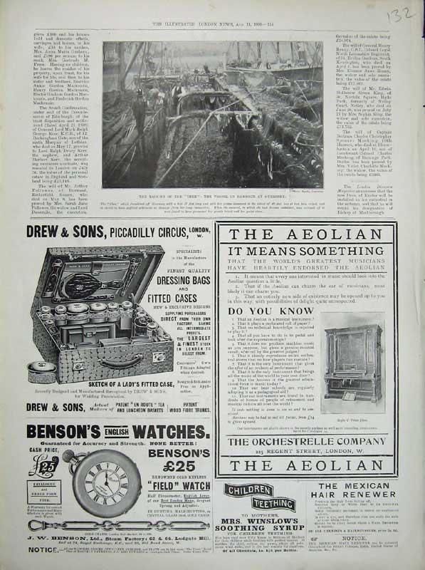 Old Antique Print 1900 Raising Ship Ibex Harbour Guernsey Advert Watches 20th