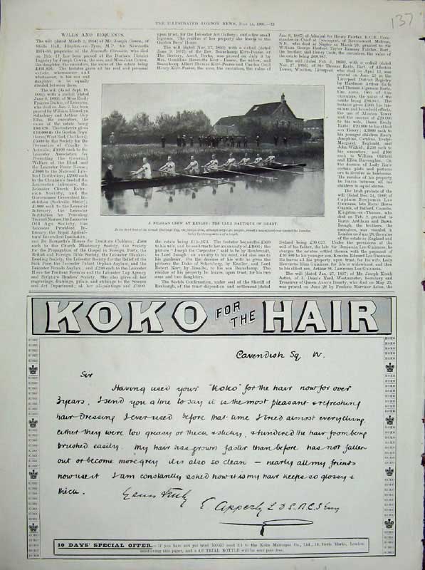 Original Old Antique Print 1900 Belgian Crew Henley Nautique Ghent Advert Koko