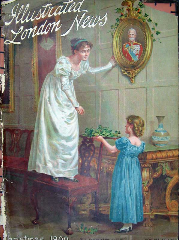 Original Old Antique Print 1900 Colour Christmas Little Girl Mother Holly 20th