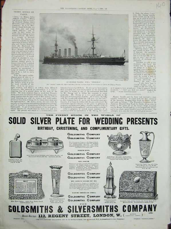 Original Old Antique Print 1900 Chinese Ship H.M.S Terrible Gsmiths Silversmith