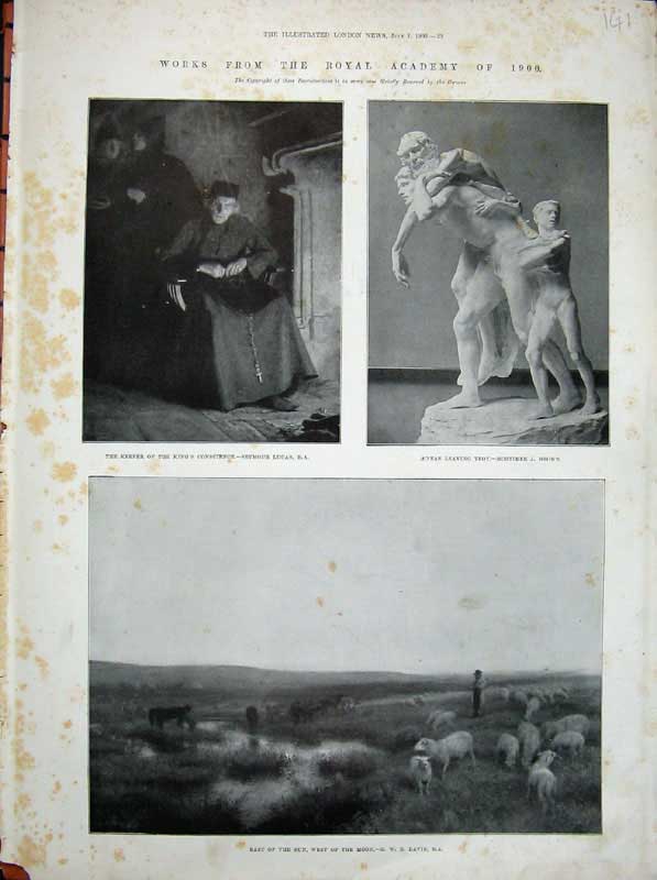 Old Antique Print 1900 Royal Academy Brown Lucas Davis Sheep Statue Art 20th