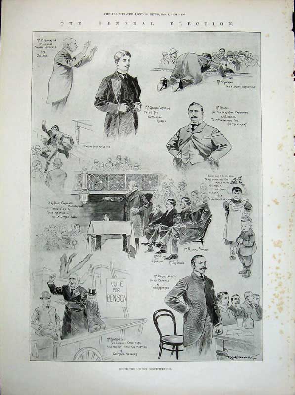 Antique Old Print 1900 Wedding Guest Garrick Theatre General Election Men 20th