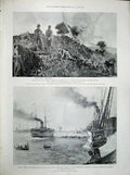 Original Old Antique Print 1900 Horse Cart Street War Mahon Pretoria Ship Port