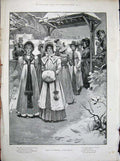 Original Old Antique Print 1900 GMining Camp Man Fire Christmas Church Women