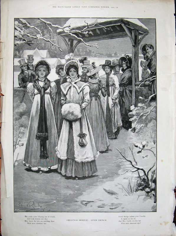 Original Old Antique Print 1900 GMining Camp Man Fire Christmas Church Women