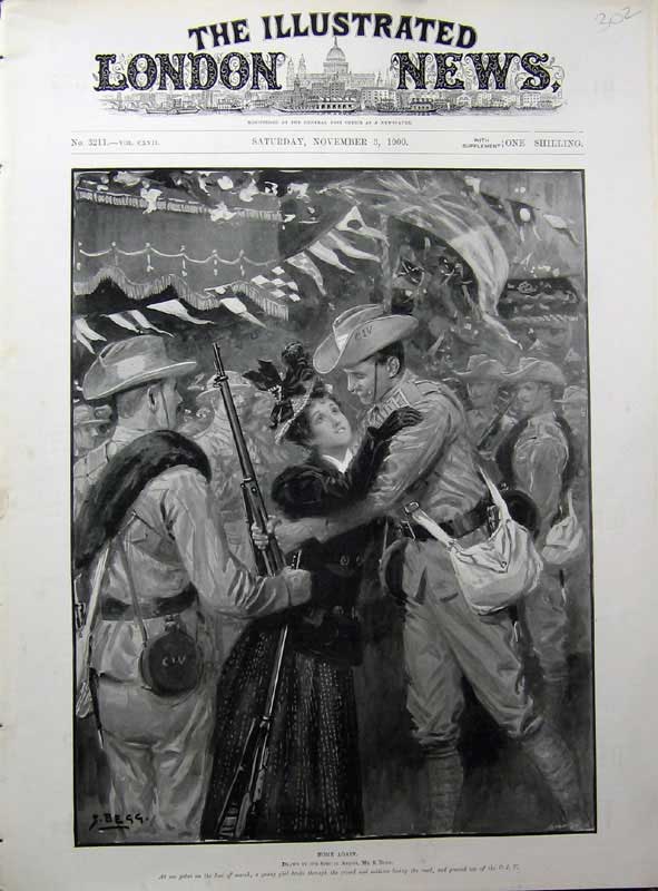 Original Old Antique Print 1900 Army Men Women Reunion Romance Ship Fine Art