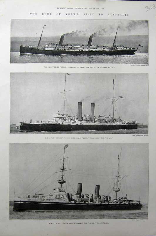 Old Antique Print 1900 Duke York Australia Ship Ophir George Juno Liner 20th