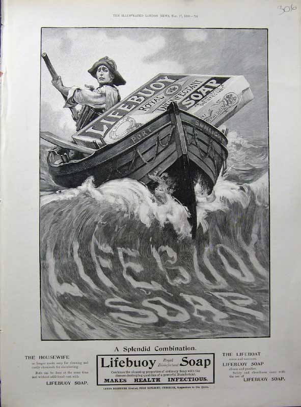Old Antique Print 1900 Advertisement Lifebuoy Soap Man Boat Disinfectant 20th
