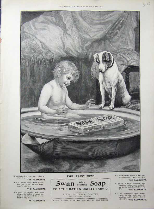 Original Old Antique Print 1900 Advertisement Swan Soap Bath Lever Brothers Dog