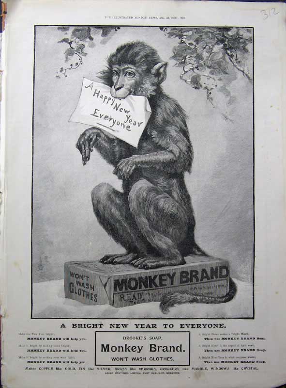 Original Old Antique Print 1900 Advertisement Brokkes Monkey Brand Washing Soap