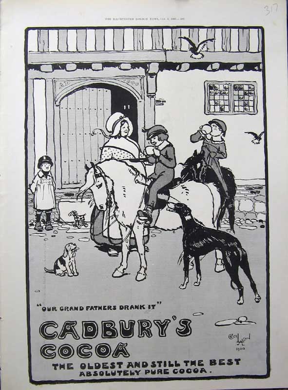 Original Old Antique Print 1900 Advertisement Cadbury'S Cocoa Children Animals