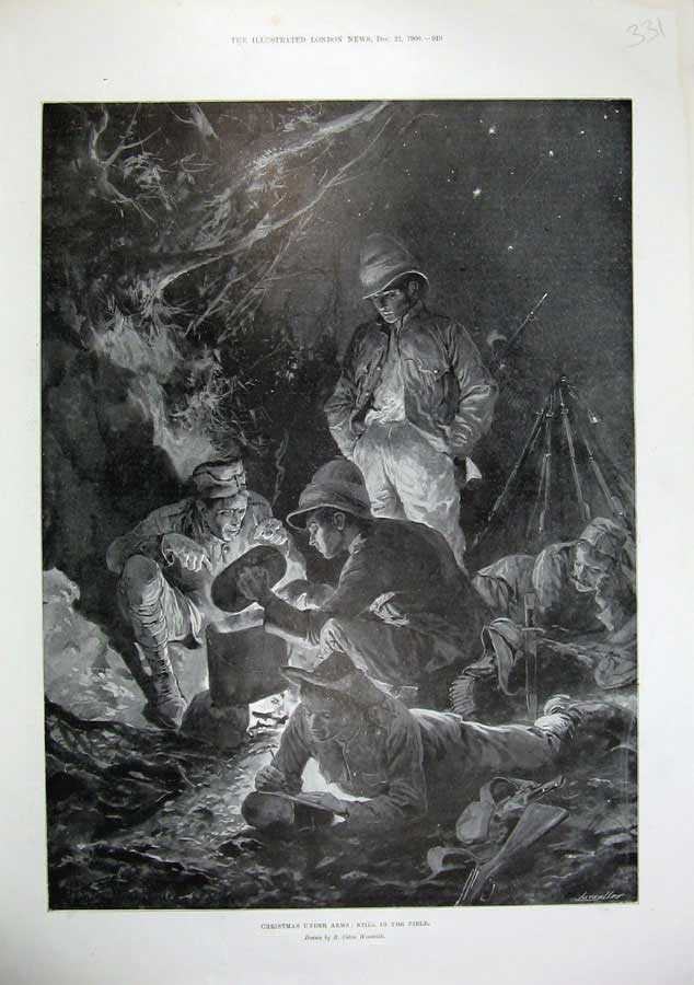 Original Old Antique Print 1900 Fine Art Christmas Army Camp Men War Woodville