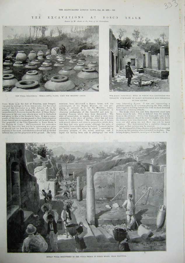 Original Old Antique Print 1900 Bosco Reale Roman Villa Prisco Fasanella Vases