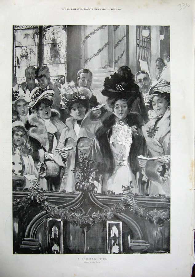 Original Old Antique Print 1900 Christmas Hymn Women Men Children Music Songs