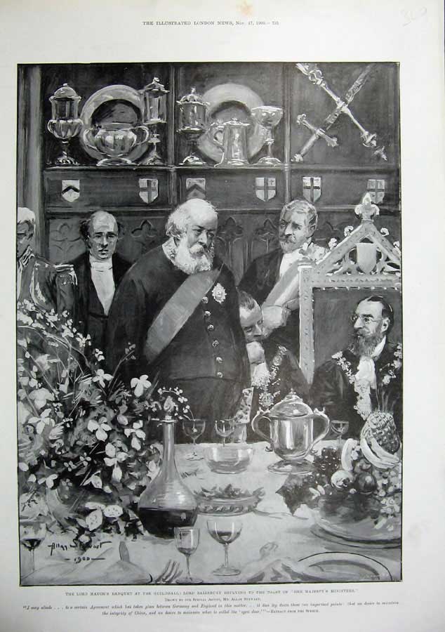 Old Antique Print 1900 Lord Mayor Banquet Guildhall Lord Salisbury Toast 20th