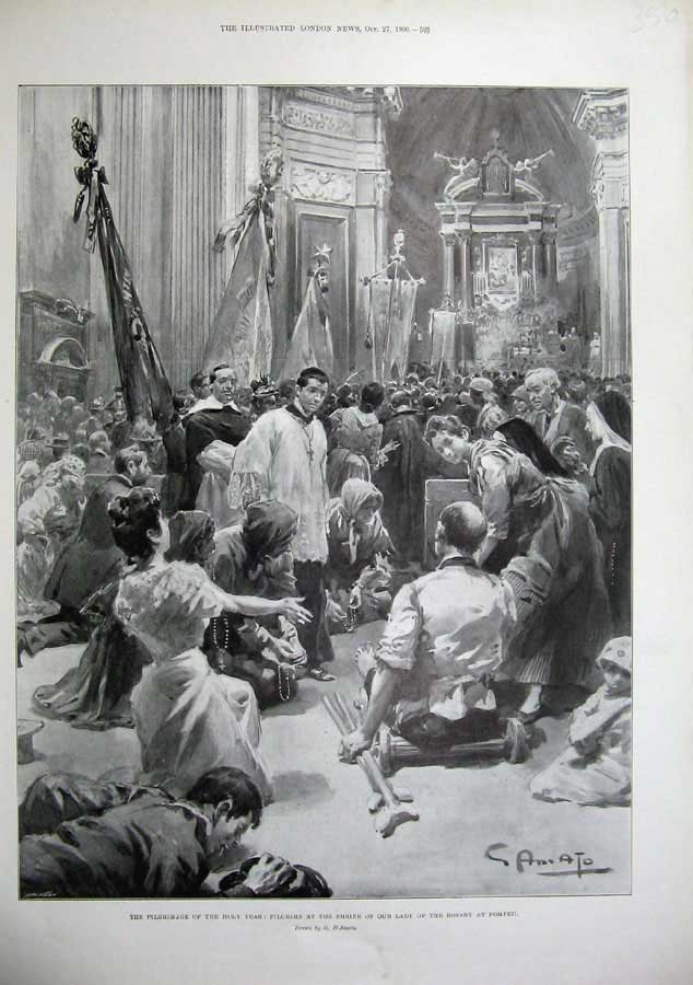 Old Antique Print 1900 Pilgrimage Holy Year Pilgrim Shrine Rosary Pompeii 20th