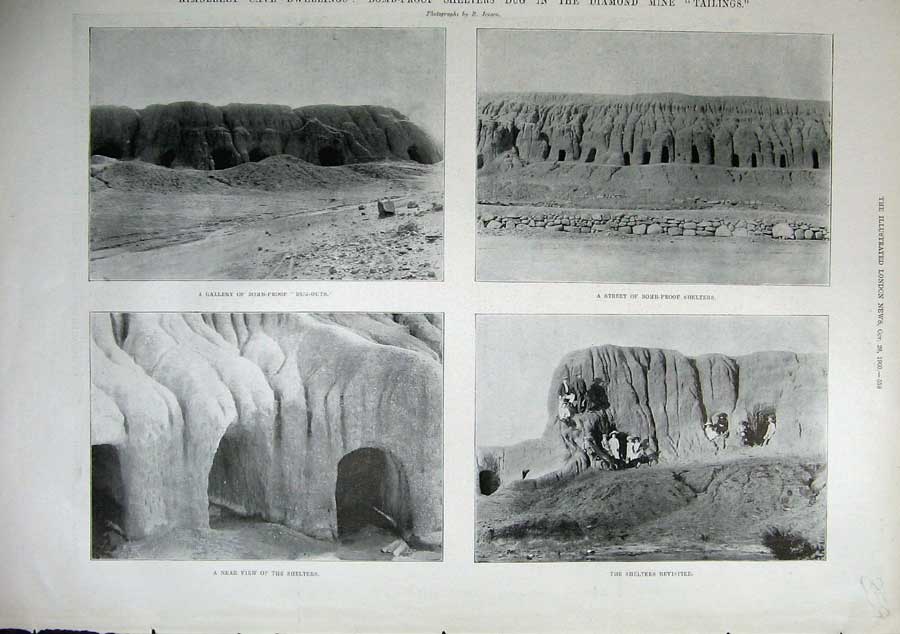 Original Old Antique Print 1900 Kimberley Cave Diamond Mine Tailings War Bomb