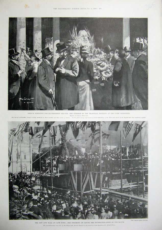 Old Antique Print 1900 City Hall Cape Town Kruger Mayor Paris Transvaal 20th