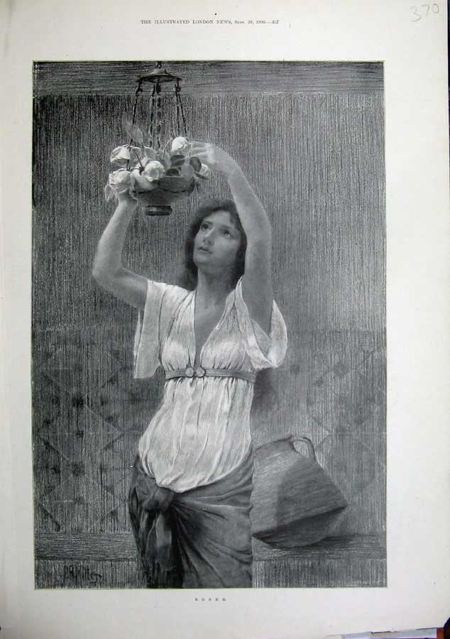 Original Old Antique Print 1900 Fine Art Beautiful Woman Roses Flowers 20th