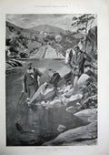 Original Old Antique Print 1900 Salmon Fishing Scotland River Men Sport Stewart