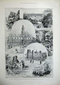 Old Antique Print 1900 Bradford Kirkstall Abbey Town Hall Castle Church 20th