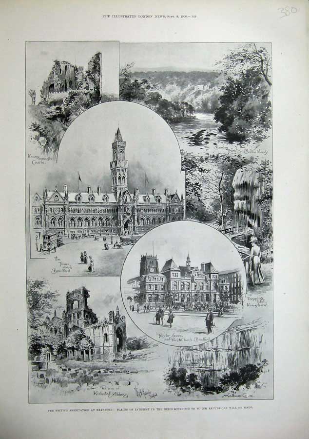 Old Antique Print 1900 Bradford Kirkstall Abbey Town Hall Castle Church 20th