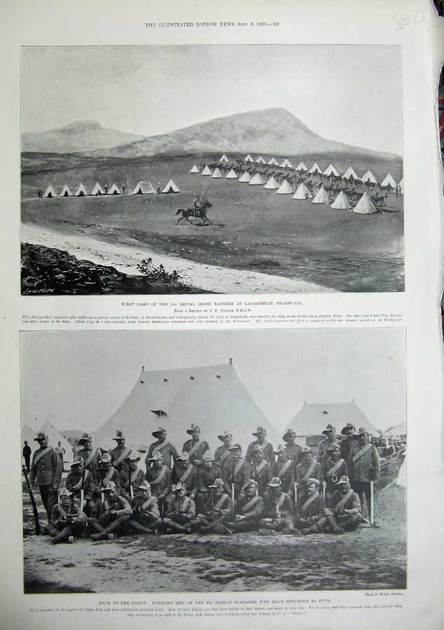 Old Antique Print 1900 War Camp Royal Irish Lancers Transvaal Dublin Army 20th