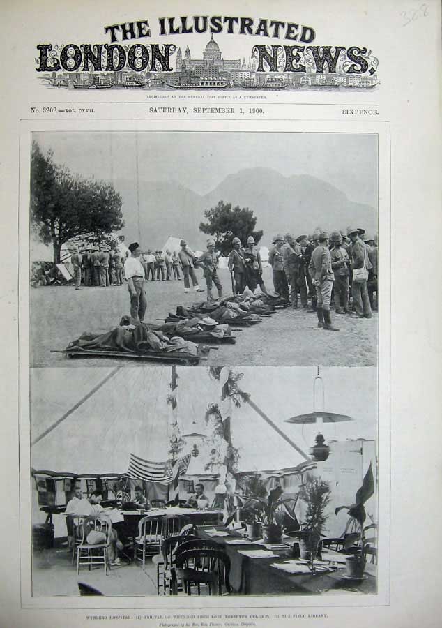 Old Antique Print 1900 Wynberg Hospital Lord Roberts Column Field Library 20th