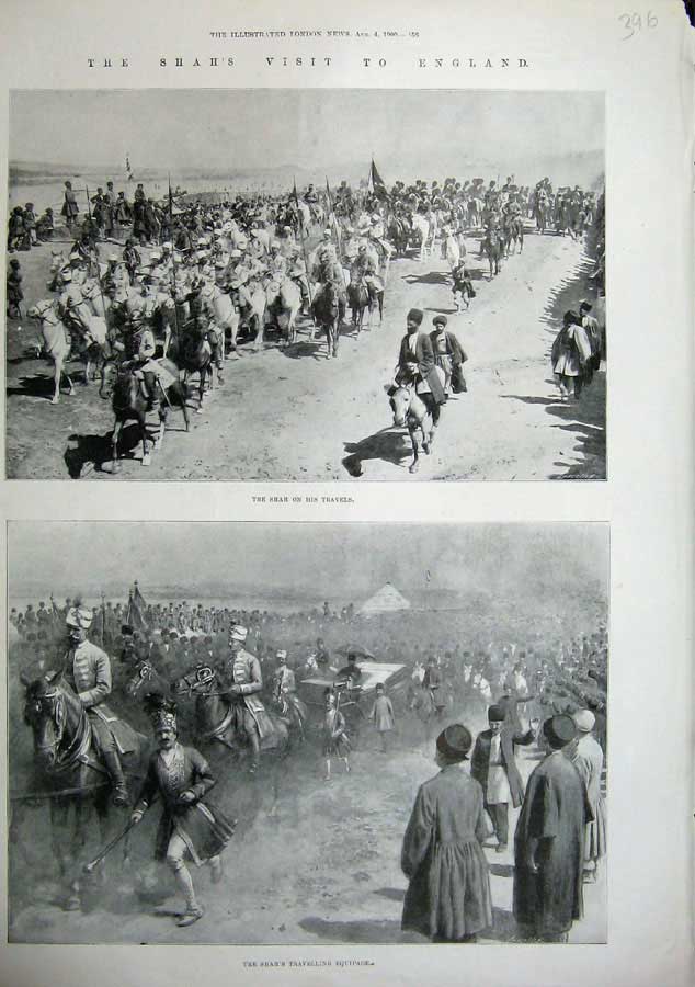 Original Old Antique Print 1900 Shah England Army Siers Horses War Victorian