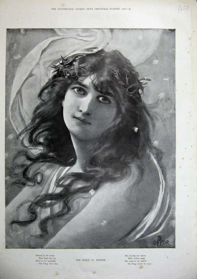 Original Old Antique Print 1900 Portrait Beautiful Woman Spirit Winter 20th
