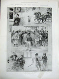 Original Old Antique Print 1900 Procession Siers War Flags People Horses Coach