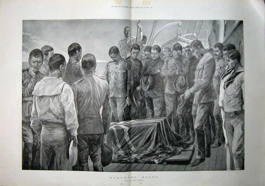 Original Old Antique Print 1900 War Ship Army Siers Funeral Coffin Body Art