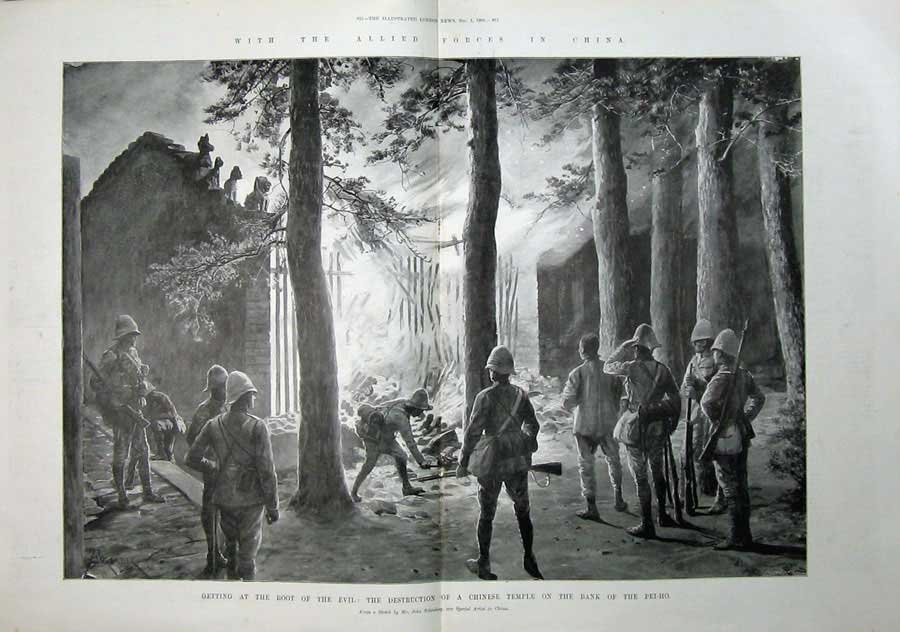 Old Antique Print 1900 China War Shanhaikuan Chinese Temple Pei-Ho Army 20th