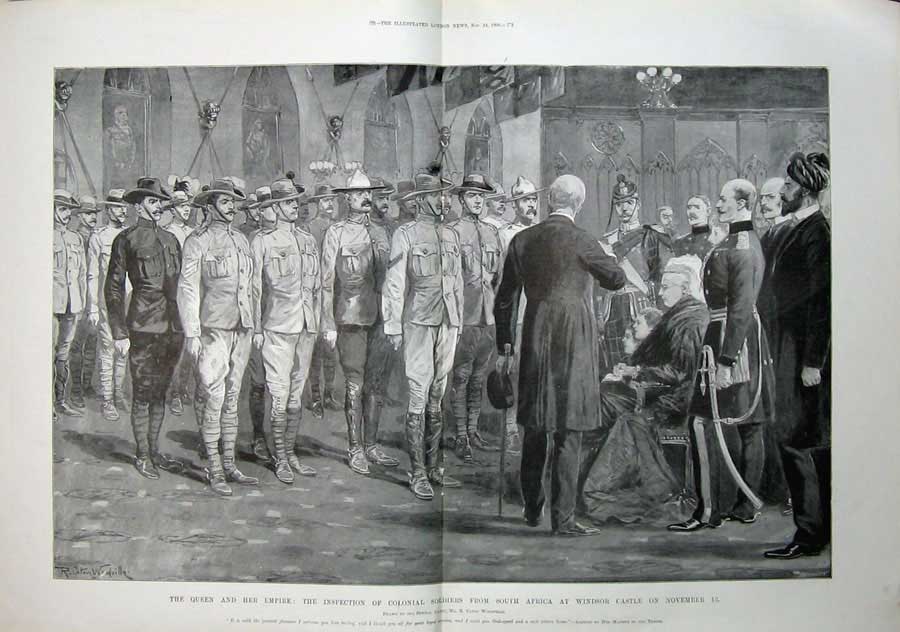 Original Old Antique Print 1900 Queen Colonial Siers Windsor Castle War Army