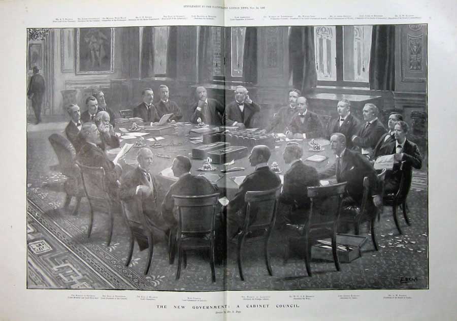 Old Antique Print 1900 Cabinet Council Men Government Table Meeting Art 20th