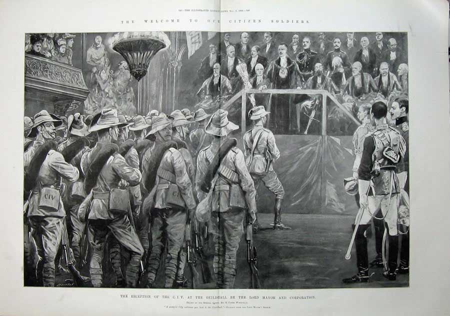 Original Old Antique Print 1900 Reception C.I.V Guildhall Lord Mayor War Siers