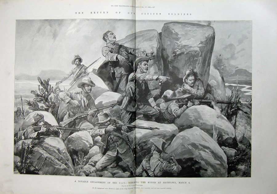Old Antique Print 1900 War Battle C.I.V Kopjes Britstown Citizen Siers 20th