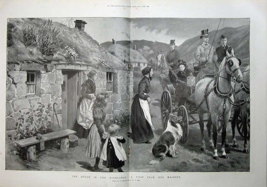 Old Antique Print 1900 Queen Highlands Scotland Horse Carriage Children 20th