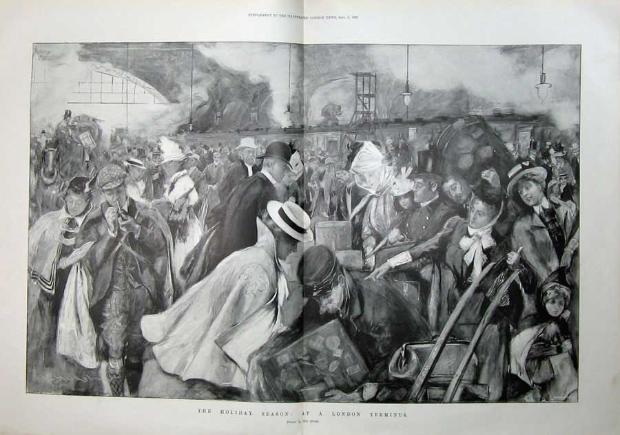 Original Old Antique Print 1900 Holidays London Terminus Railway Train Station