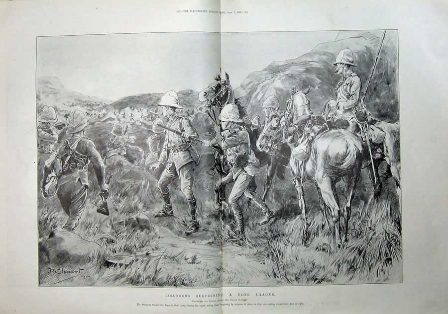 Original Old Antique Print 1900 Dragoons Laager War Camp Horses Siers Sketch