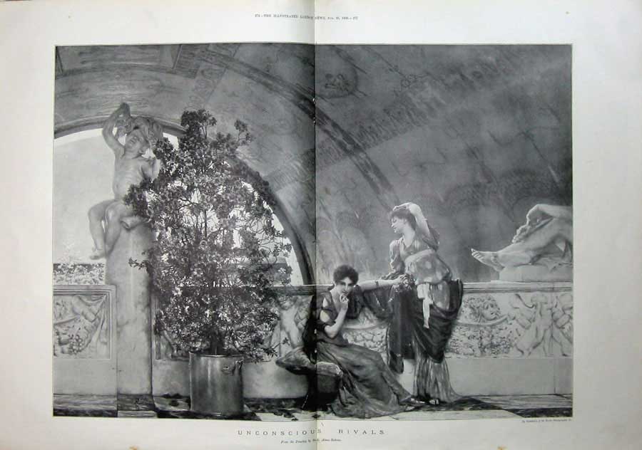 Original Old Antique Print 1900 Fine Art Beautiful Women Statue Flowers Tadema