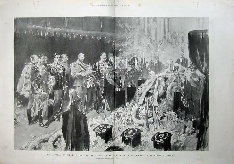 Old Antique Print 1900 Funeral Duke Saxe-Coburg-Gotha Church St Moritz 20th