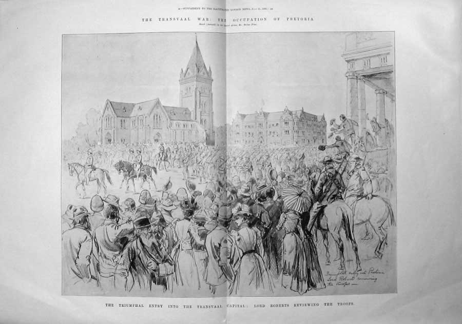 Original Old Antique Print 1900 Transvaal War Lord Roberts Pretoria Siers Army